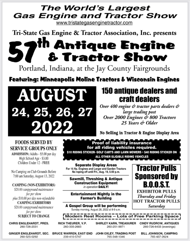 2022 57th Annual TriState Gas Engine and Tractor Show Portland, IN